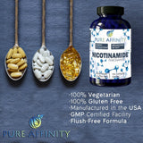 Pure Affinity Nicotinamida: frasco frente para consulta rápida de beneficios.