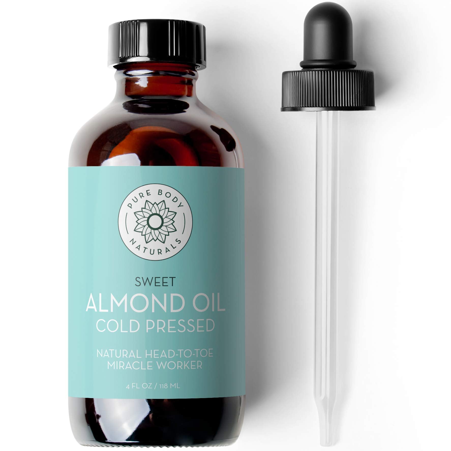 Pure Body Naturals Aceite de Almendras Dulces en botella con gotero, hidratación suave para la piel.