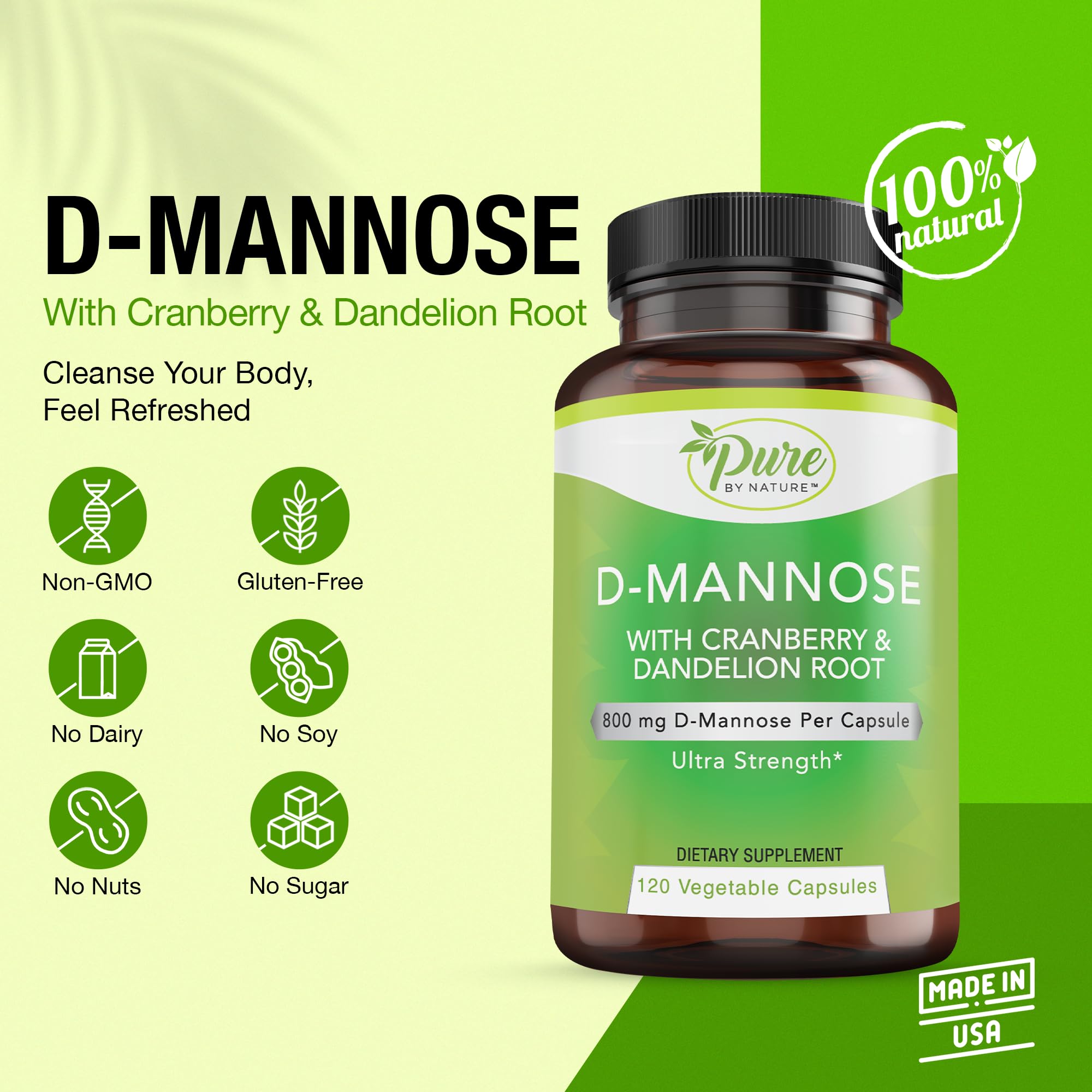 Etiqueta de Pure By Nature D-Mannose en caja, dosis y beneficios visibles.