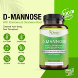 Etiqueta de Pure By Nature D-Mannose en caja, dosis y beneficios visibles.