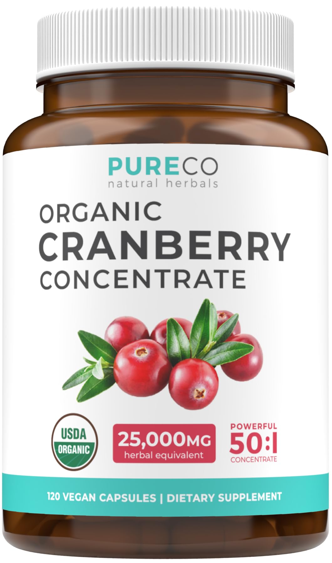 PURE CO cápsula arándano orgánico 500 mg para soporte urinario.