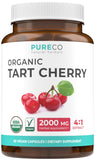 PURE CO cápsulas de cereza orgánica en empaque, posible apoyo a la movilidad diaria.