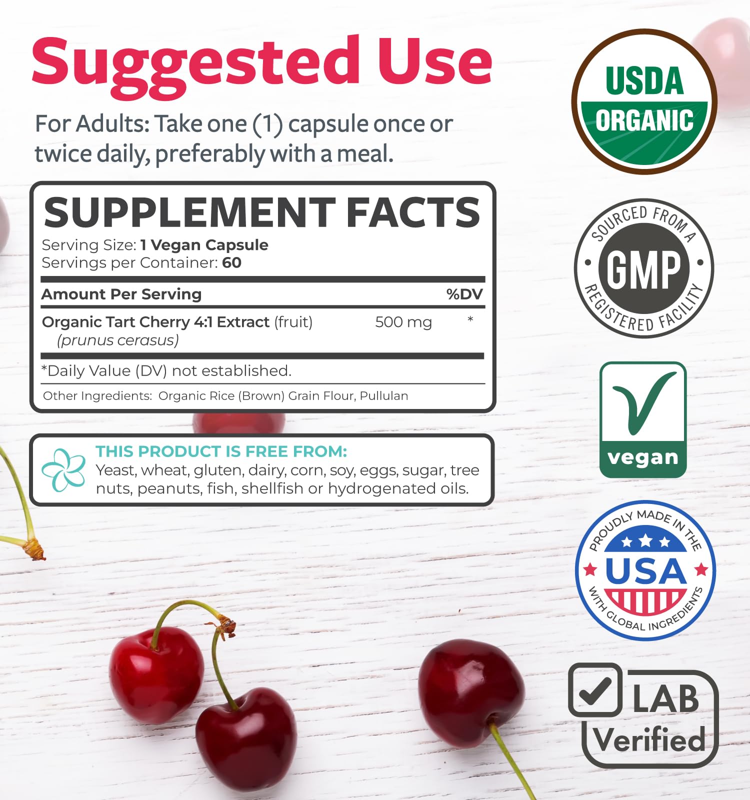 Etiqueta PURE CO cereza tart orgánica 4:1 para apoyo antioxidante diario.