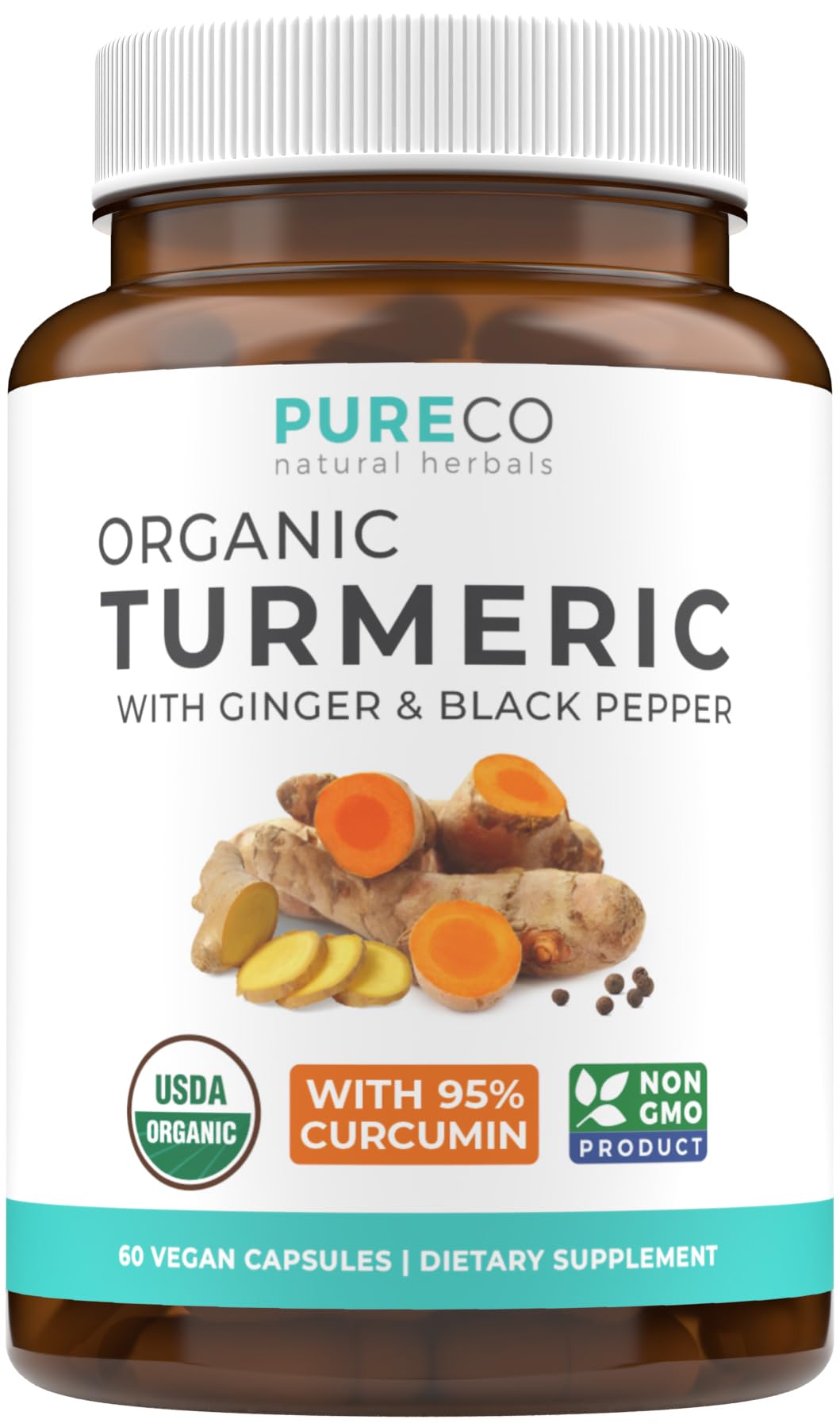 PURE CO cápsulas de cúrcuma orgánica con jengibre y pimienta para absorción