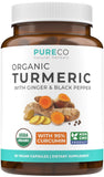 PURE CO cápsulas de cúrcuma orgánica con jengibre y pimienta para absorción