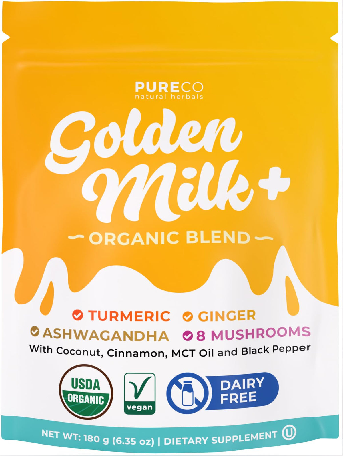 PURE CO Leche dorada: polvo de cúrcuma con jengibre y ashwaganda para relajación.