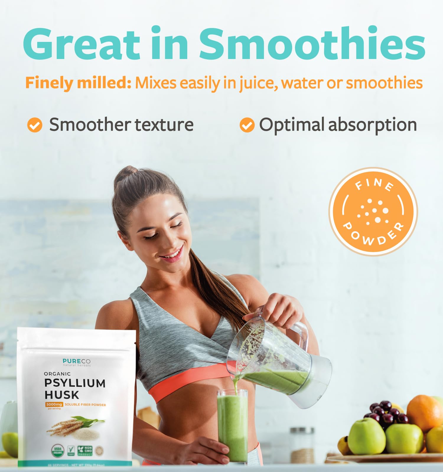 PURE CO Polvo de psyllium, cucharadas medidoras para recetas con fibra.