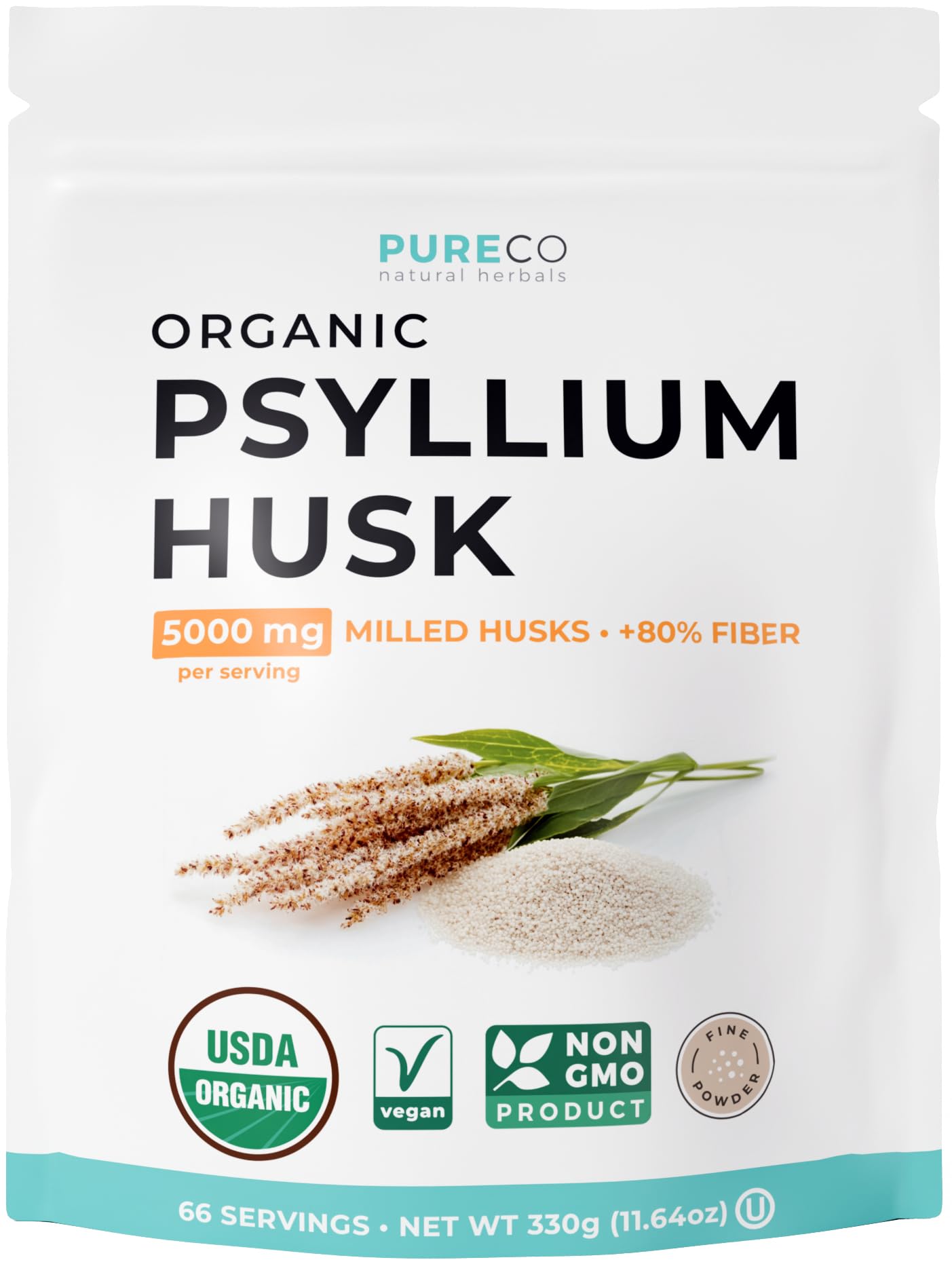 PURE CO Polvo de psyllium orgánico, envase principal, ideal para almacenamiento diario.