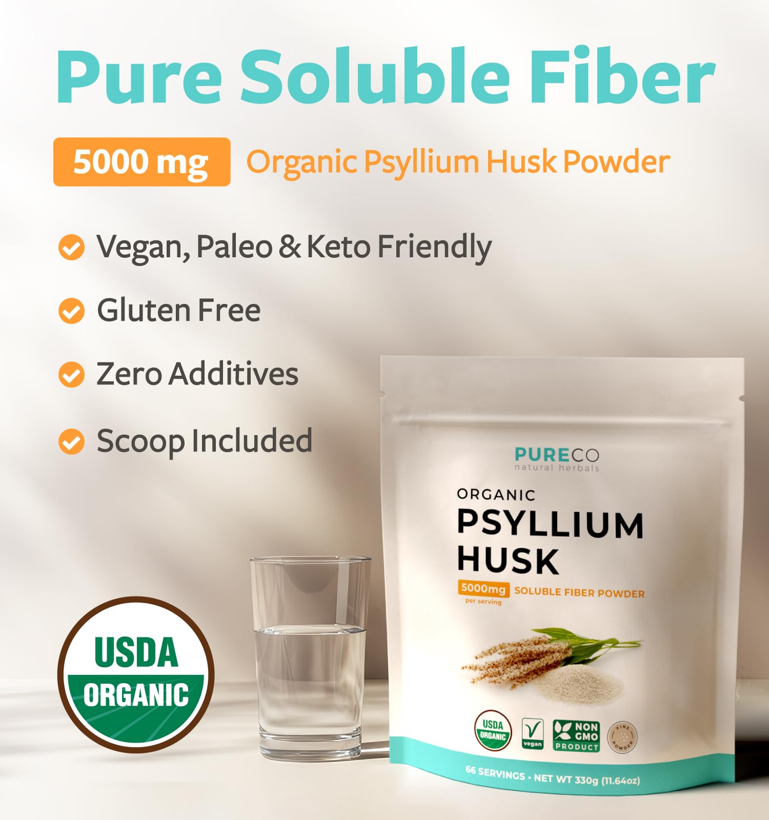 PURE CO Polvo de psyllium finamente molido, textura suave para hornear.