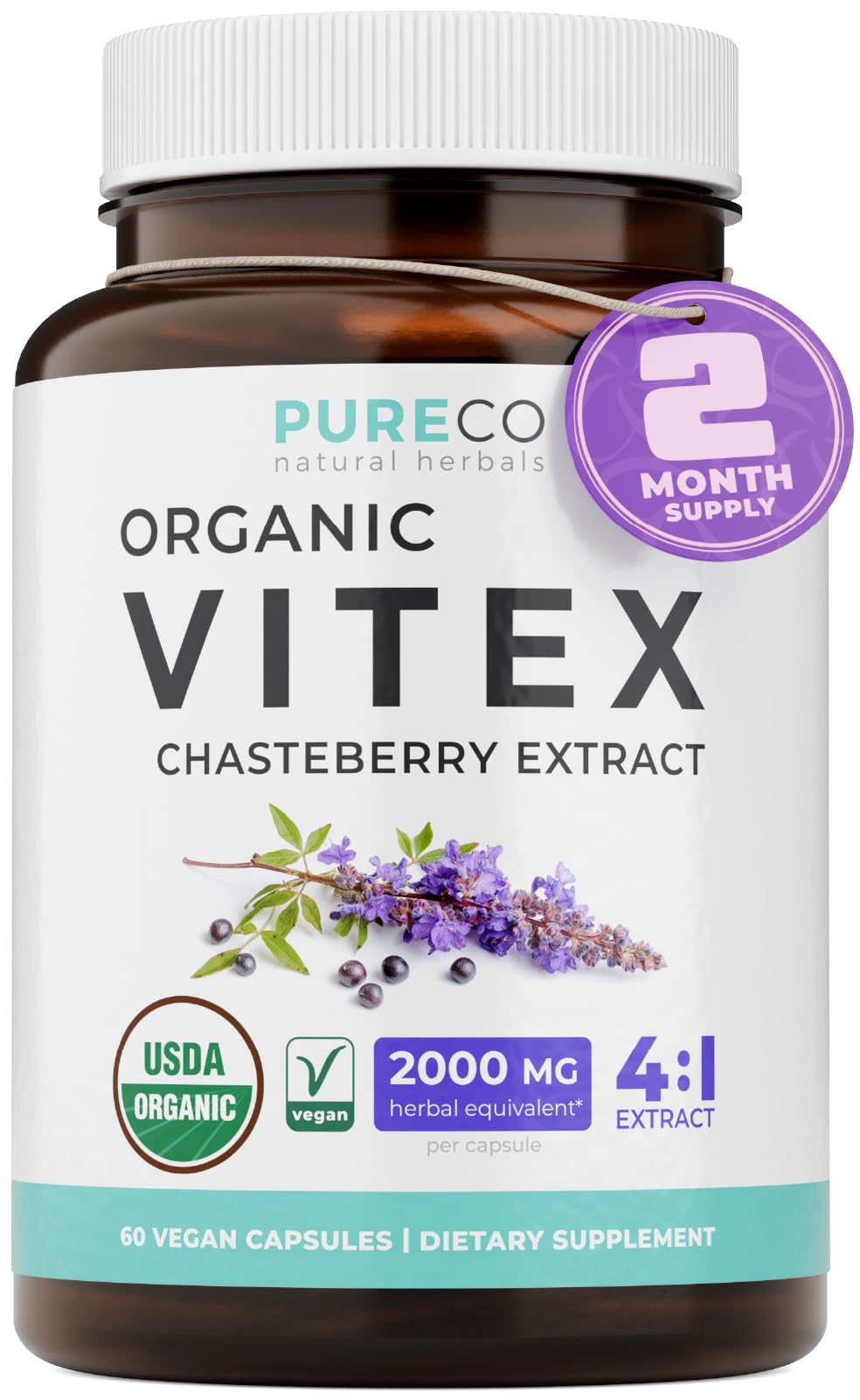 Pure Co Vitex - botella de cápsulas para balance hormonal