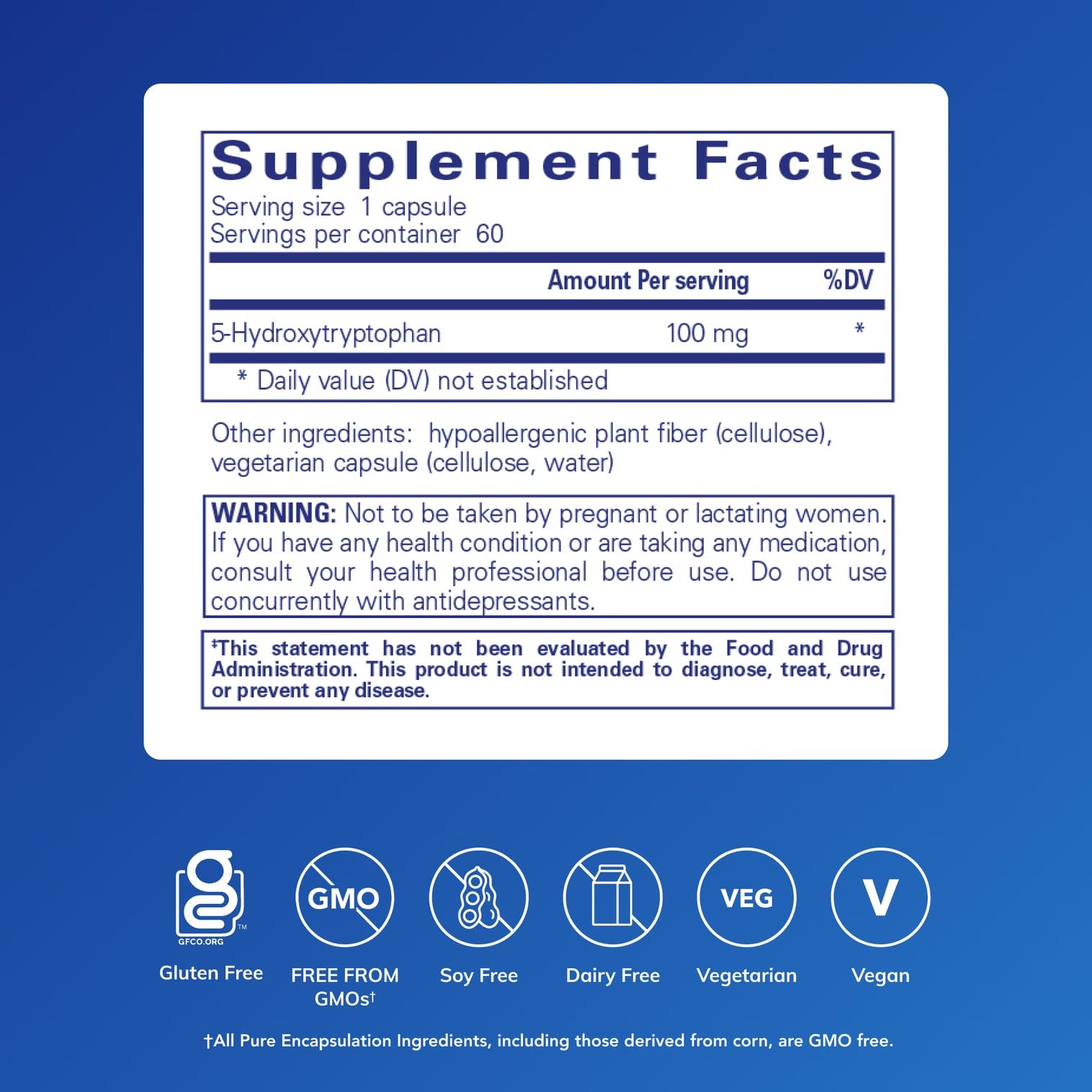 Etiqueta detalle de Pure Encapsulations 5-HTP con indicaciones de dosis