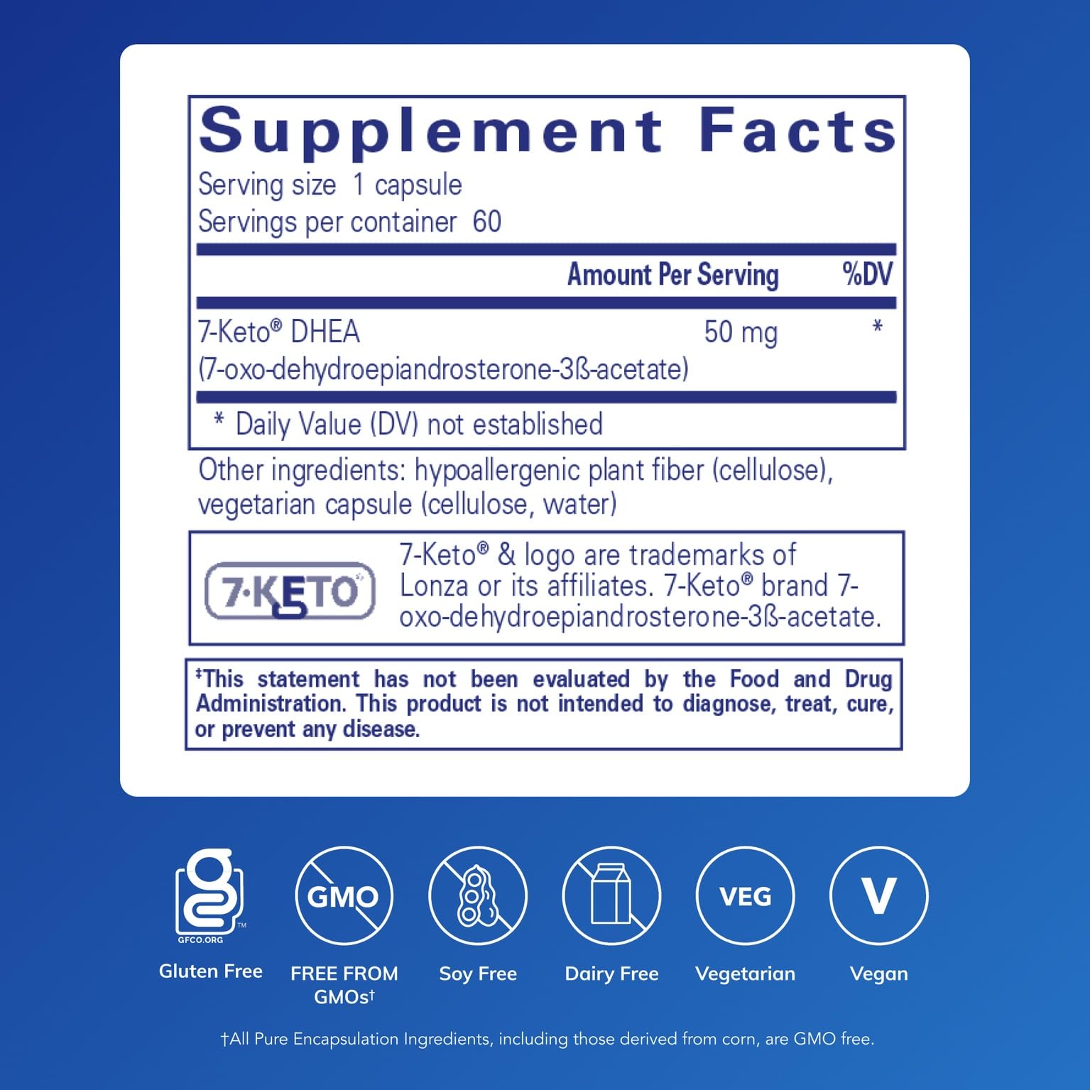 Cápsulas de Pure Encapsulations 7-Keto DHEA listas para consumo.