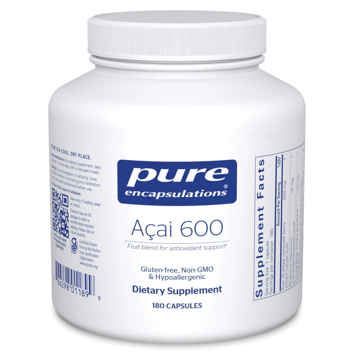 Pure Encapsulations Acai 600, botella centrada: apoyo antioxidante para tu rutina diaria.