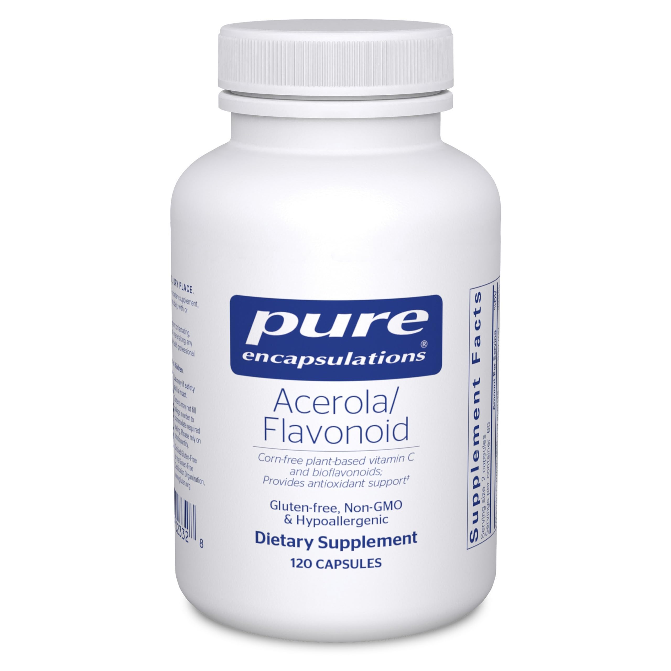 Pure Encapsulations Acerola/Flavonoid: botella que destaca cápsulas antioxidantes para uso diario.