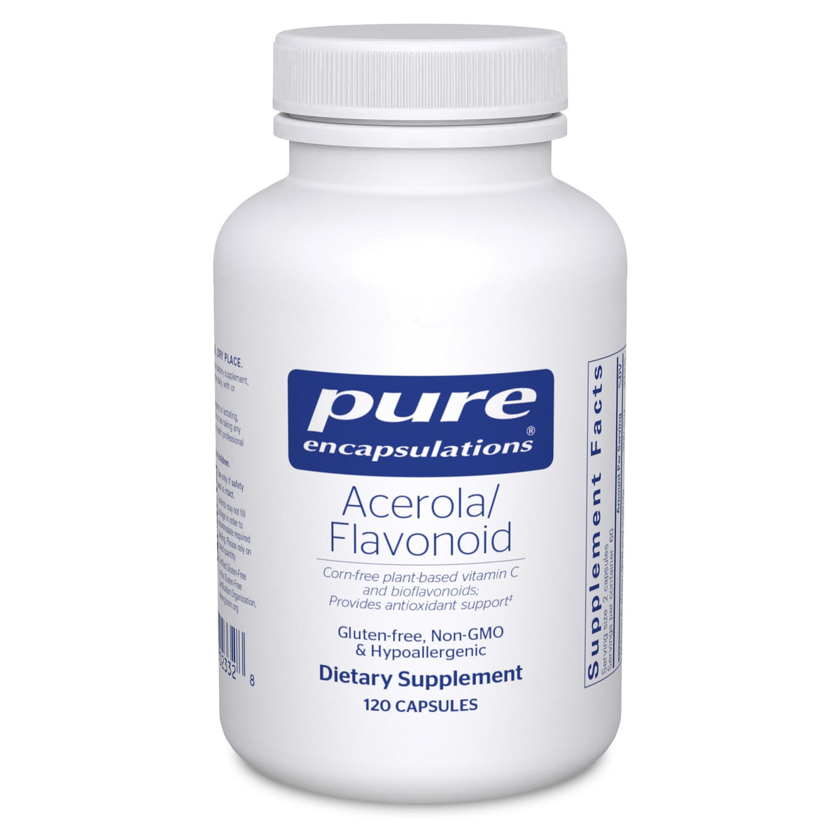 Pure Encapsulations Acerola/Flavonoid: botella que destaca cápsulas antioxidantes para uso diario.