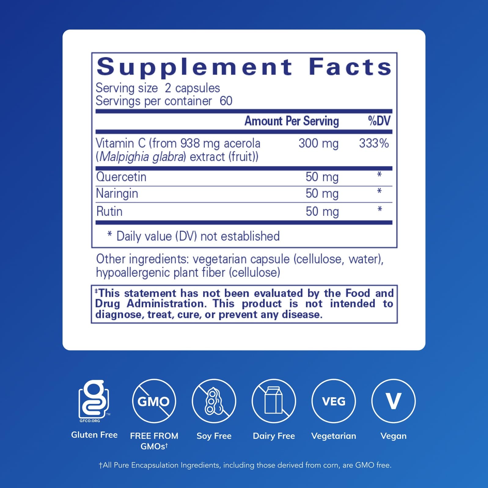 Pure Encapsulations Acerola/Flavonoid: etiqueta frontal que resalta la fuente de vitamina C.