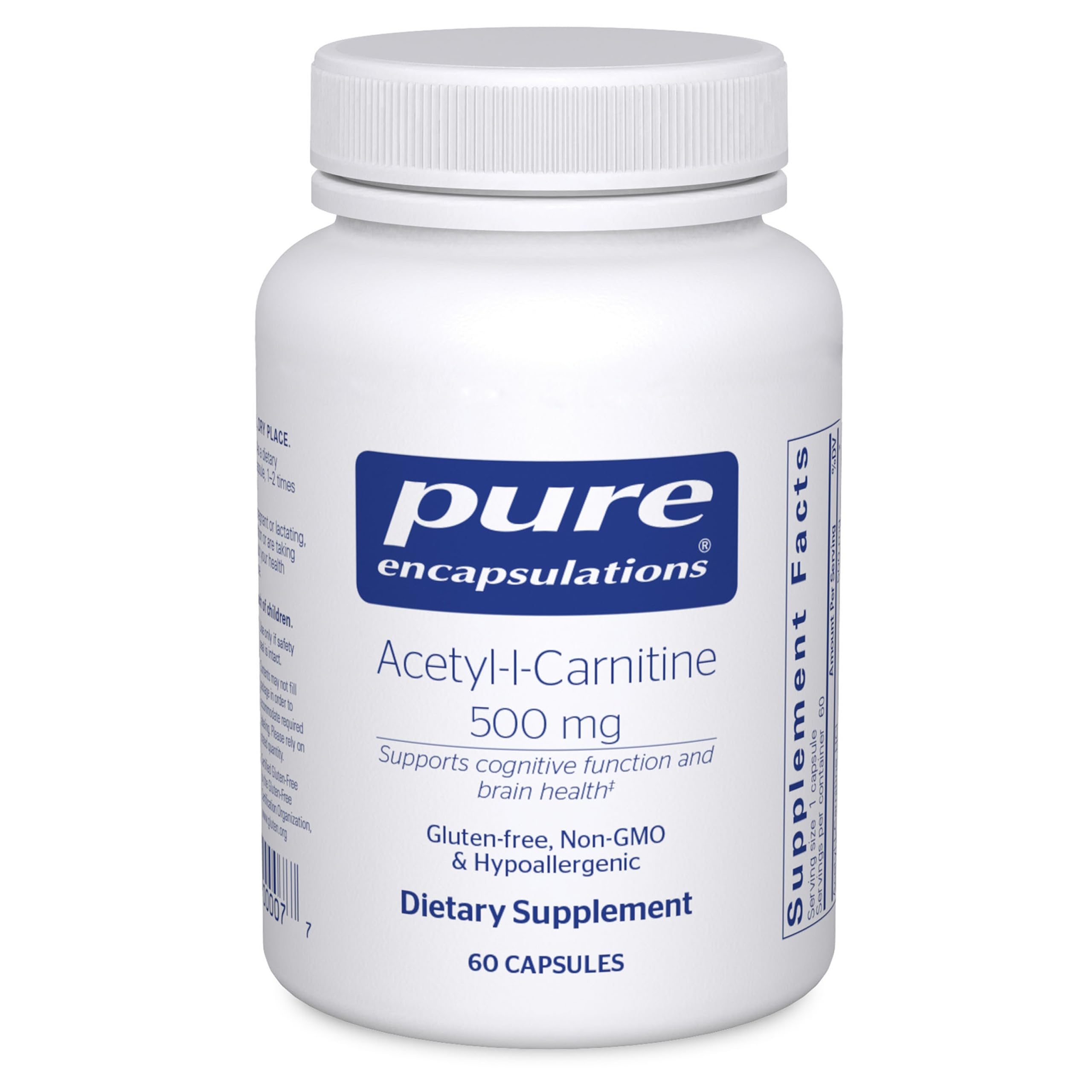 Pure Encapsulations Acetyl-L-Carnitine 500 mg, botella, apoyo a la memoria y claridad mental