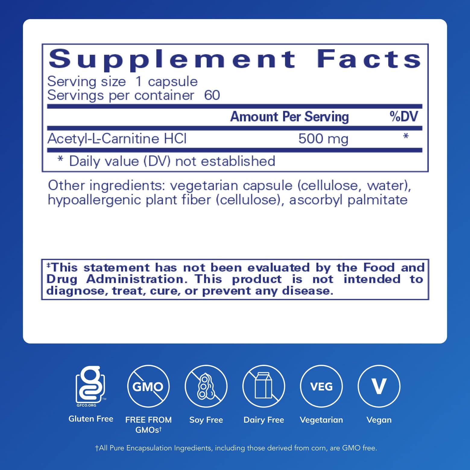 Pure Encapsulations Acetyl-L-Carnitine 500 mg, cápsulas, impulso suave para enfoque diario