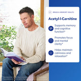 Etiqueta frontal de Pure Encapsulations Acetyl-L-Carnitine 500 mg, memoria y soporte cognitivo