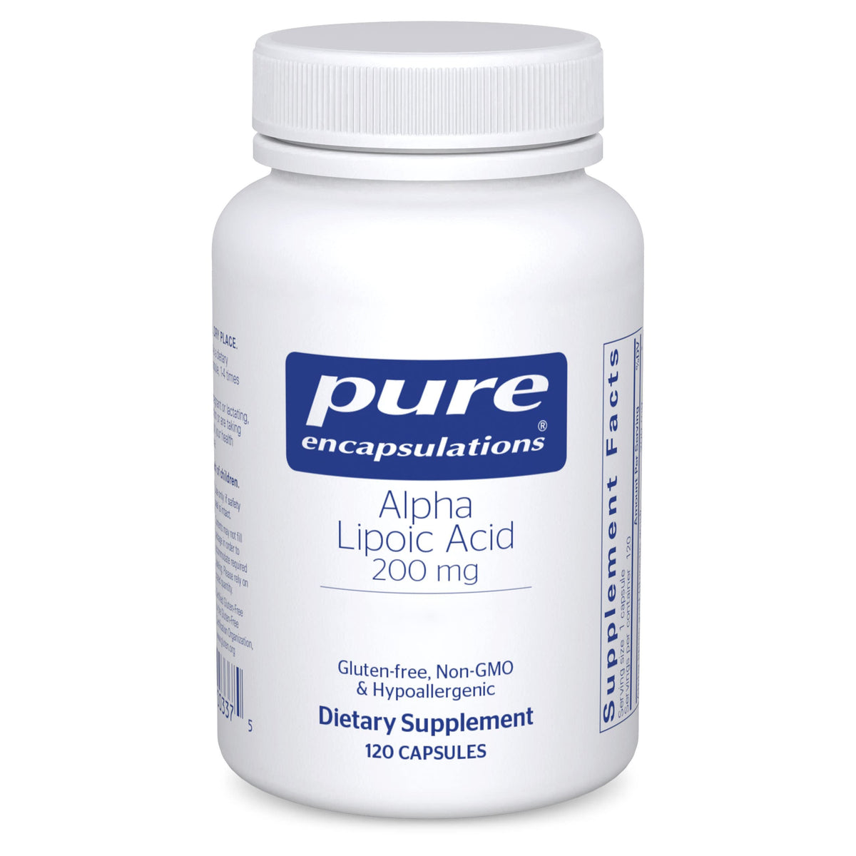 Pure Encapsulations Ácido Alfa Lipóico 200 mg, caja visible, apoyo antioxidante para energía diaria.