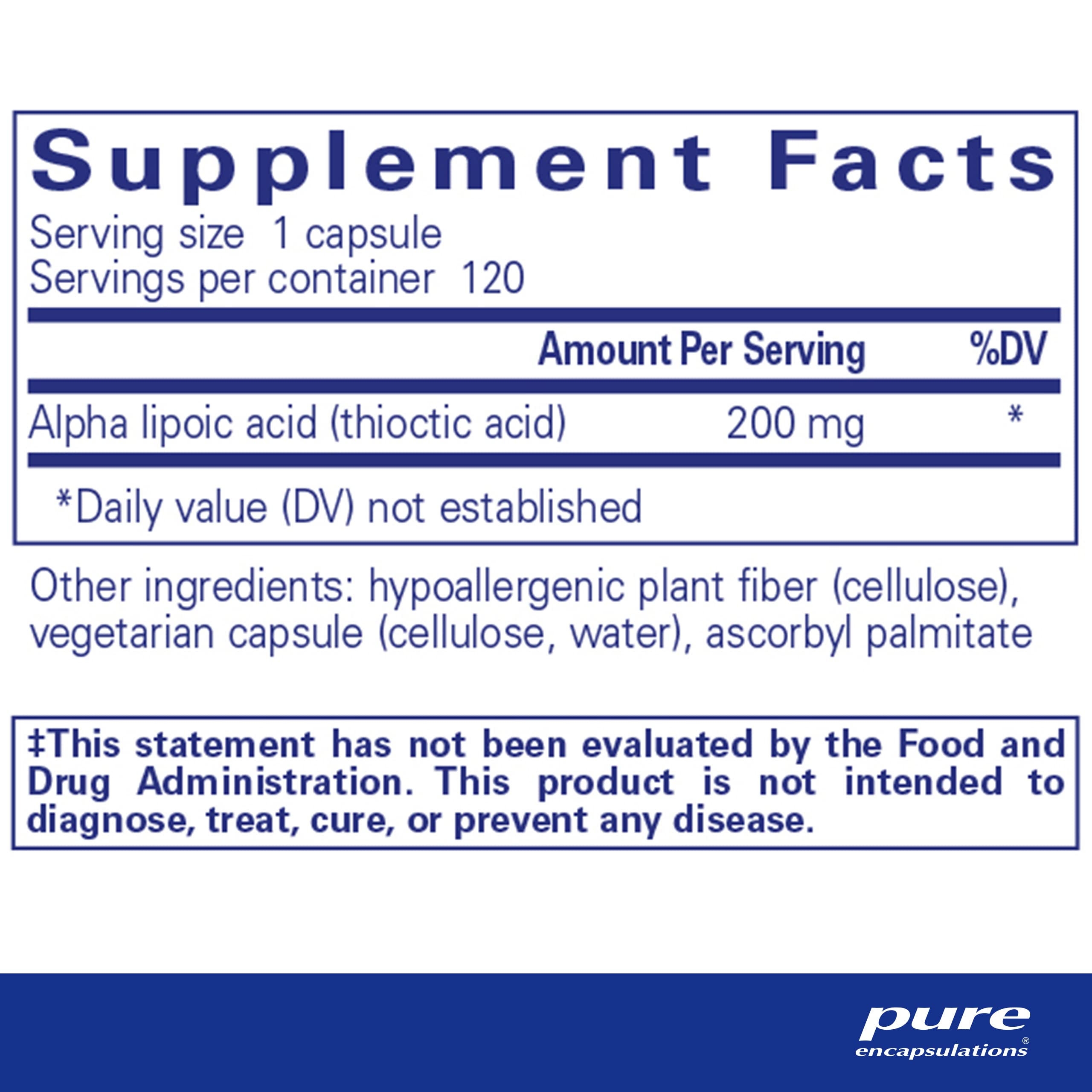 Pure Encapsulations Ácido Alfa Lipóico 200 mg, cápsulas para metabolismo de carbohidratos.