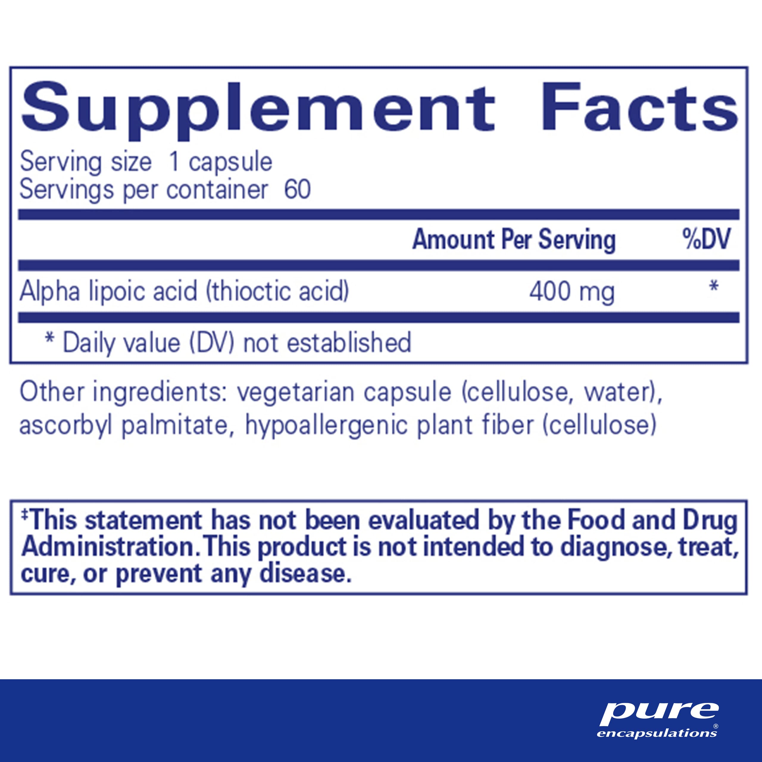Etiqueta frontal de Pure Encapsulations Ácido alfa-lipoico 400 mg
