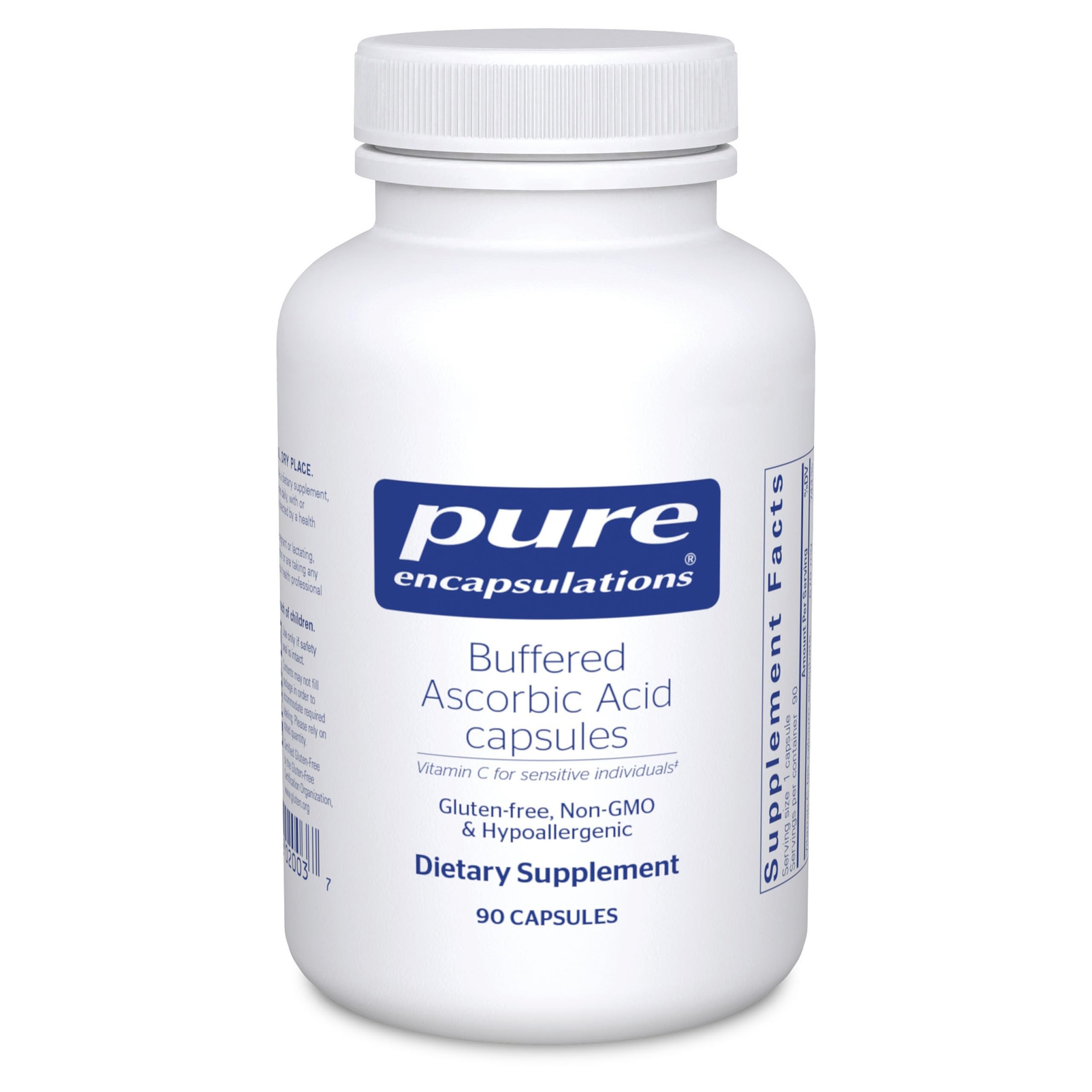 Pure Encapsulations ácido ascórbico amortiguado cápsulas en envase, práctico para uso diario