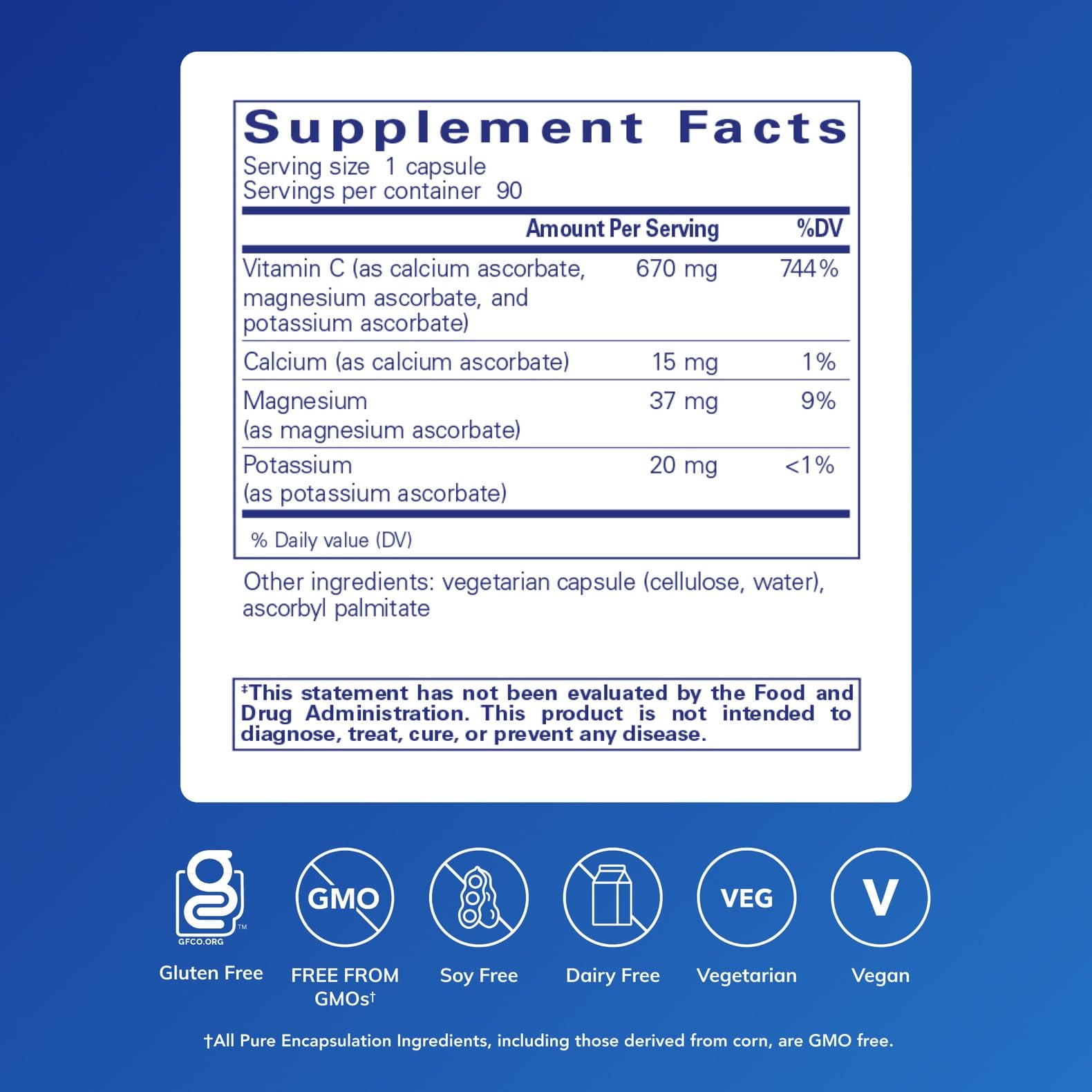 Pure Encapsulations ácido ascórbico amortiguado etiqueta clara, facilita revisar ingredientes