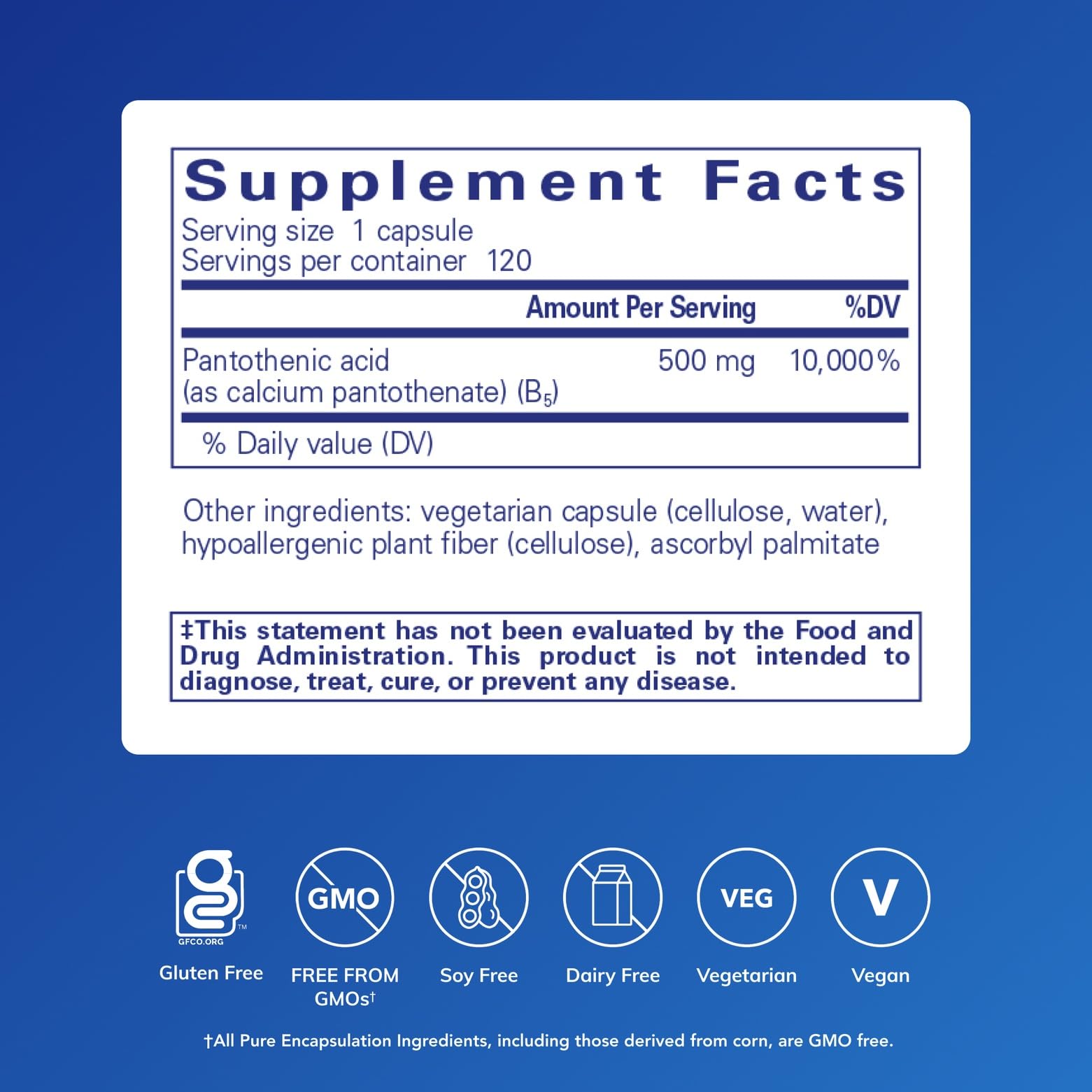 Pure Encapsulations botella de ácido pantoténico para uso diario