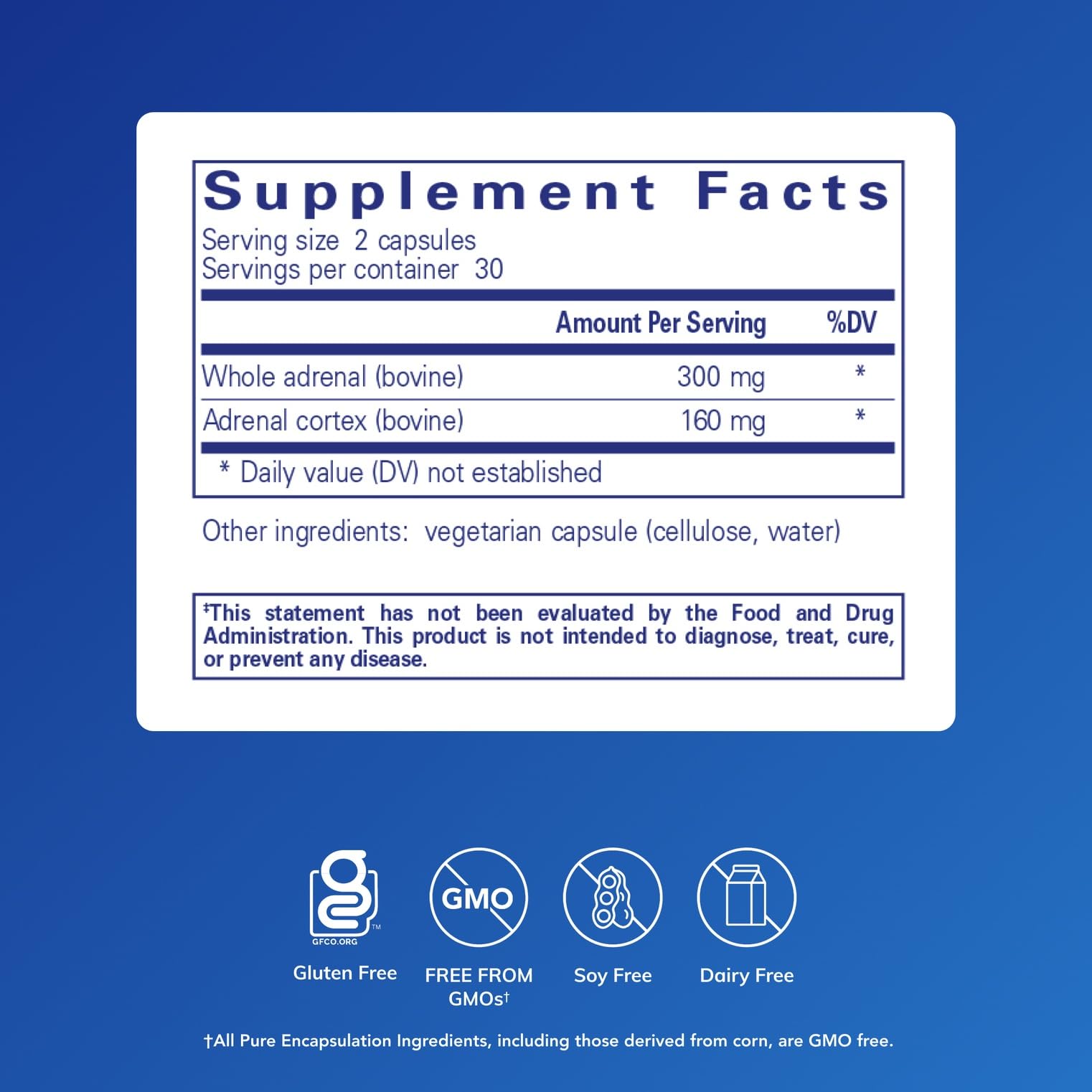 Botella de Pure Encapsulations Adrenal Cortex, fácil de tomar y almacenar.