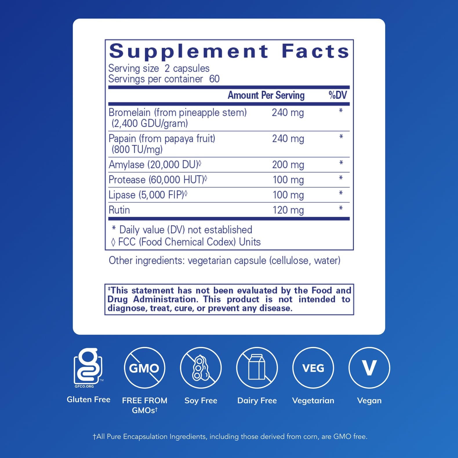 Pure Encapsulations A.I. Enzimas etiqueta frontal que muestra origen vegetal de ingredientes.