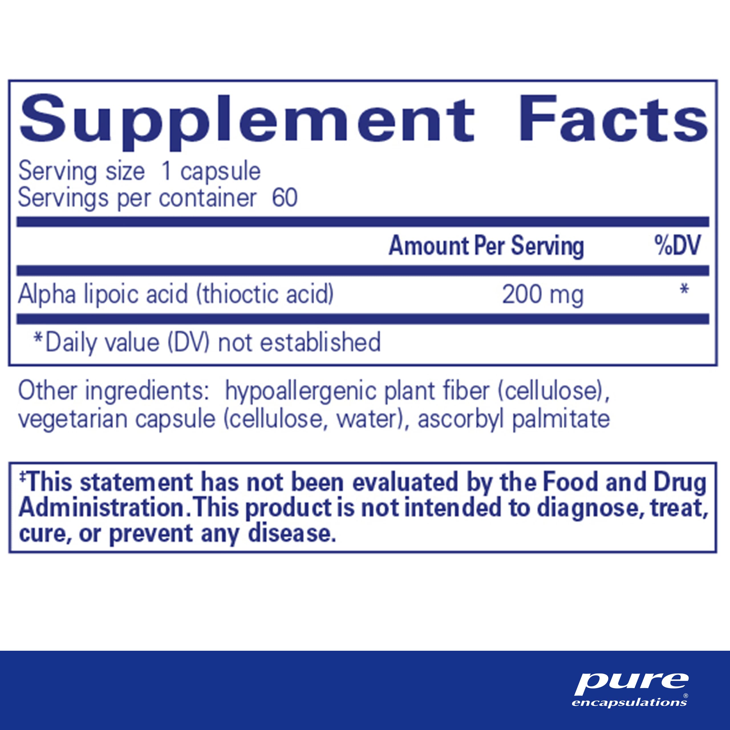 Pure Encapsulations Alfa Lipoico 200 mg frasco de 60 cápsulas para uso diario