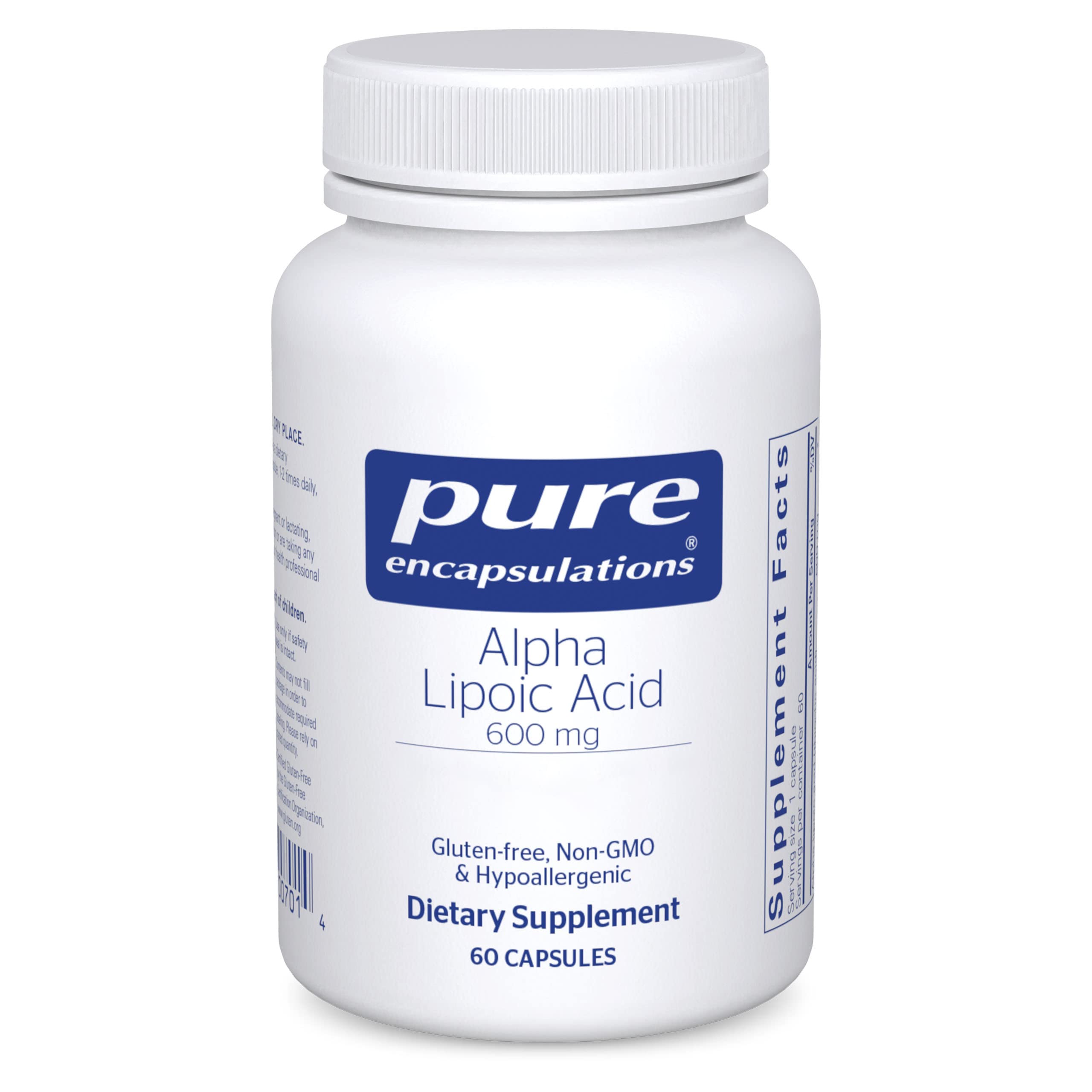 Pure Encapsulations Alfa Lipoico 600 mg en botella de cápsulas para apoyo antioxidante diario.