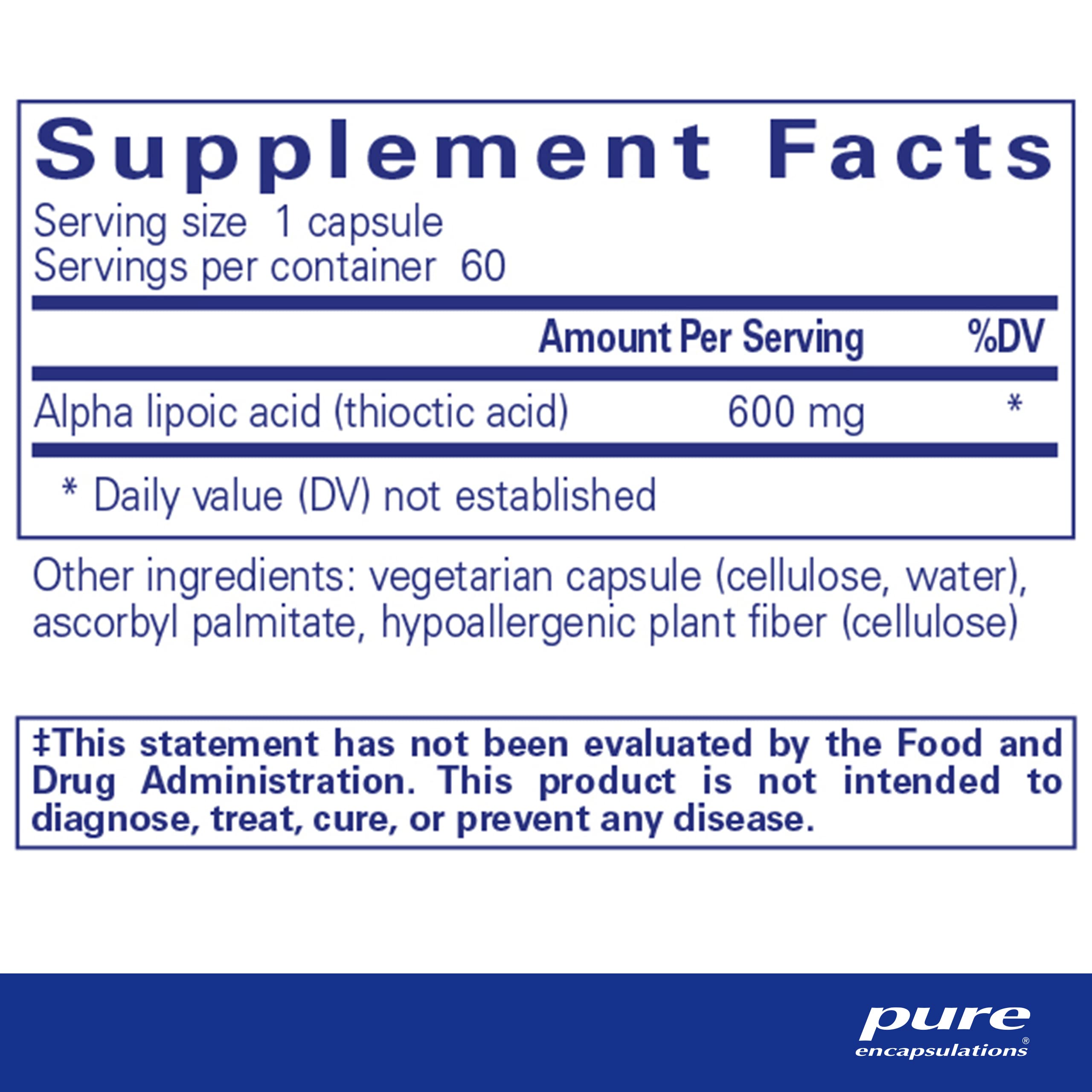 Etiqueta frontal de Pure Encapsulations Alfa Lipoico 600 mg resalta ingredientes premium.