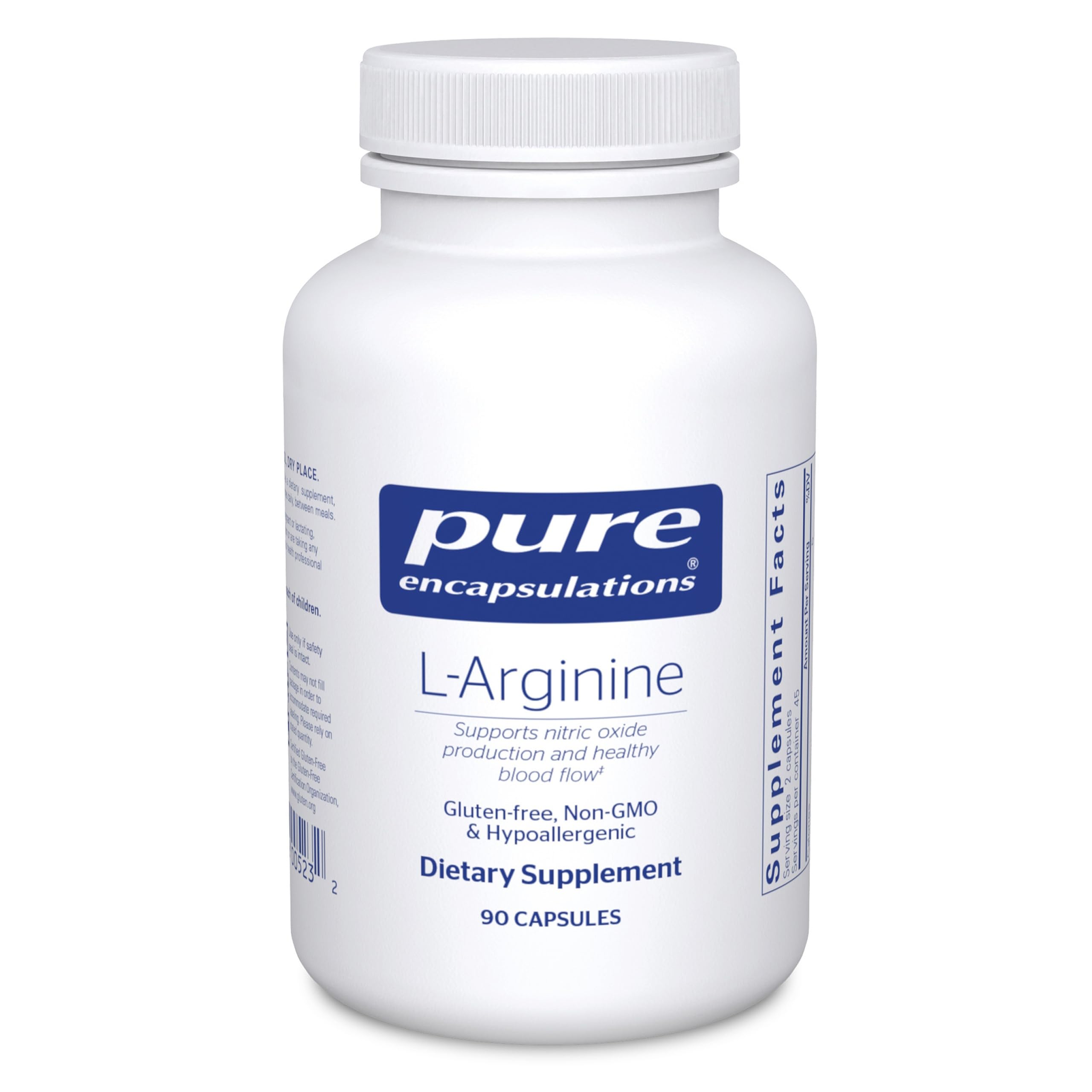 Pure Encapsulations L-arginina 1400 mg en frasco, apoyo potencial a la salud cardiovascular.