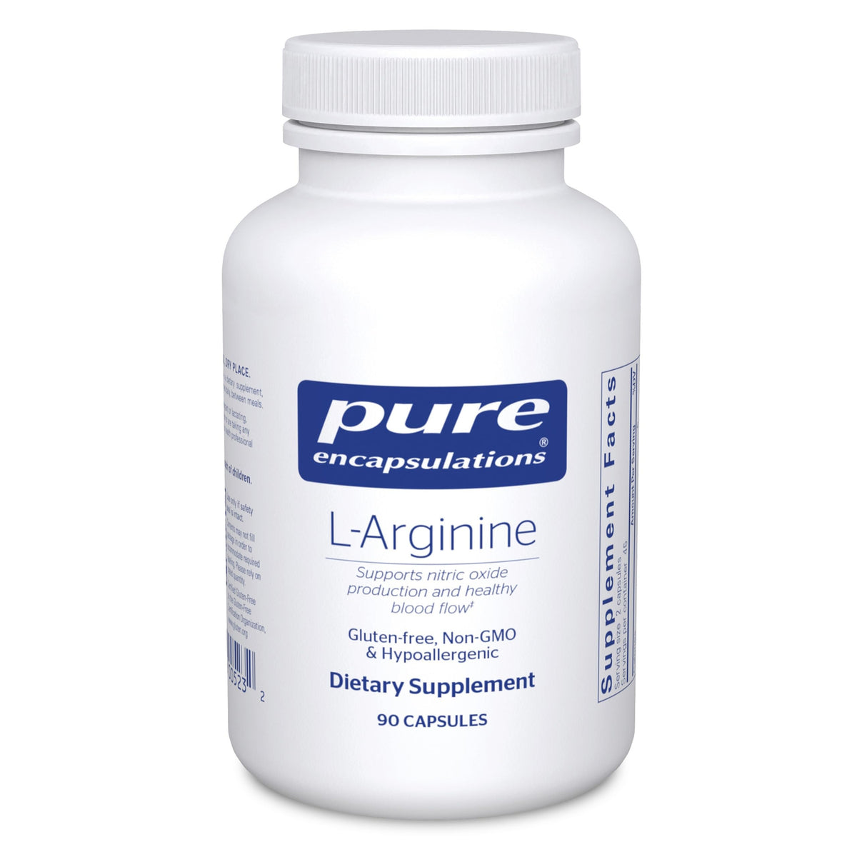 Pure Encapsulations L-arginina 1400 mg en frasco, apoyo potencial a la salud cardiovascular.