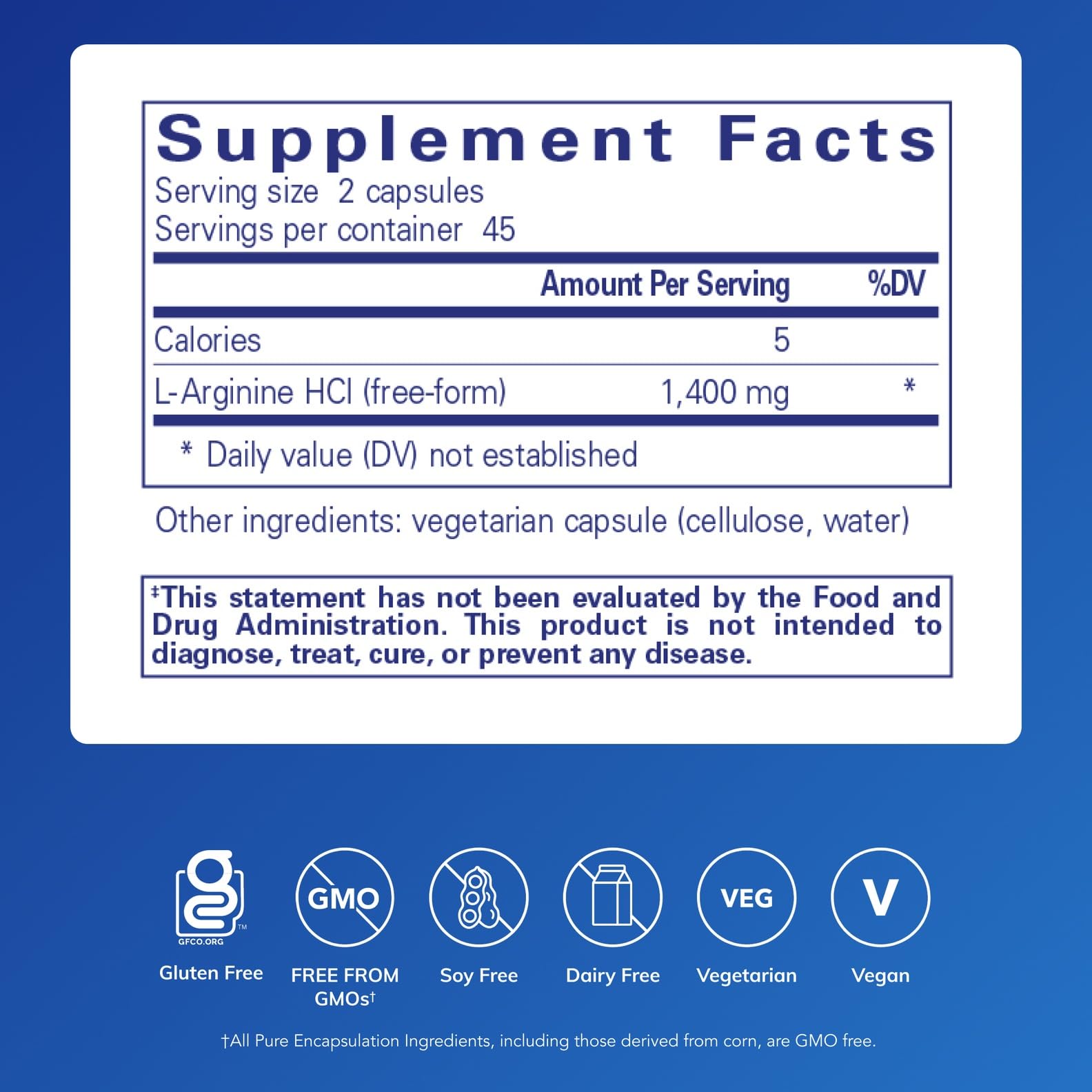 Pure Encapsulations L-arginina cápsulas de 1400 mg, aptas para dietas sin gluten.
