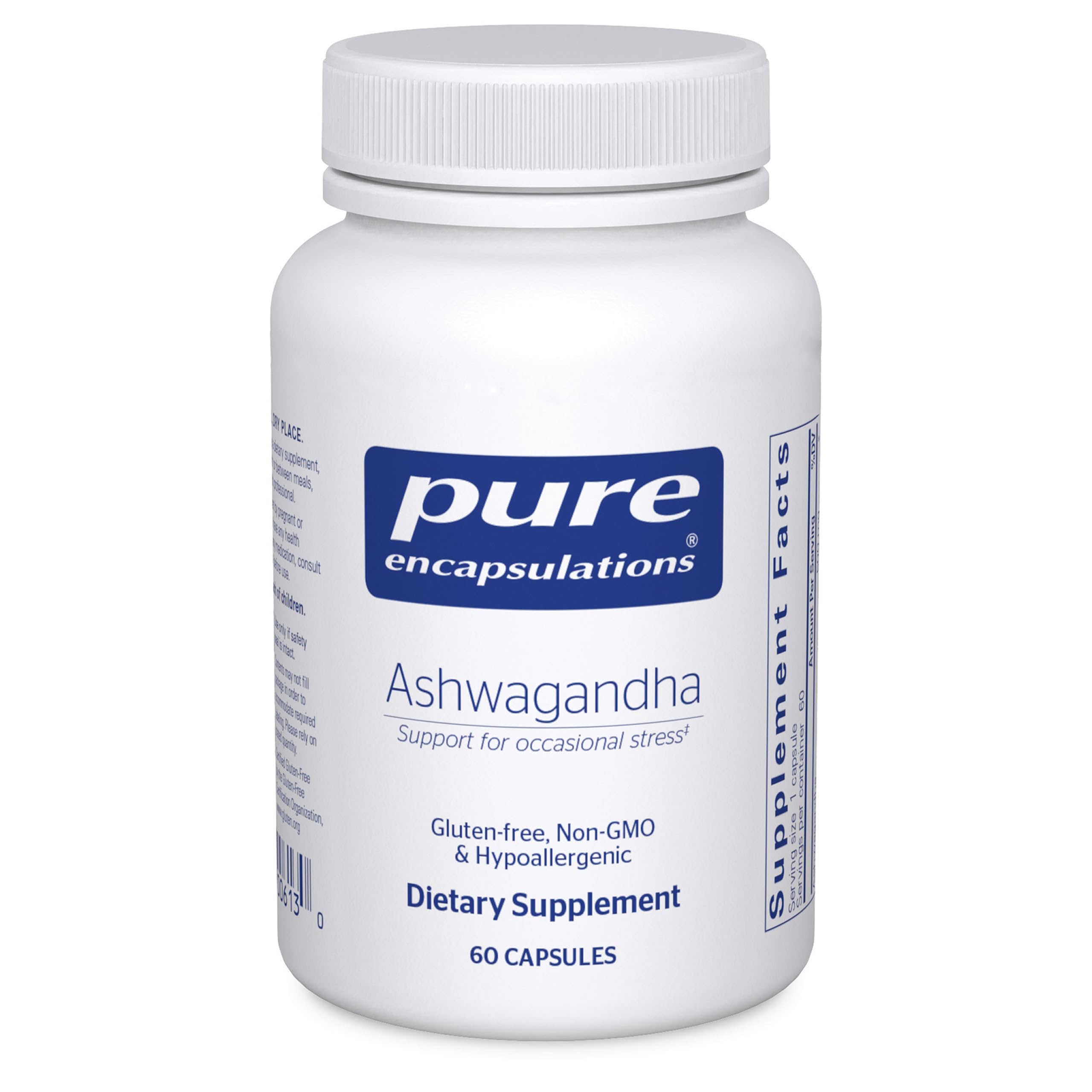 Pure Encapsulations Ashwagandha: cápsula de 500 mg para apoyo metabólico diario.