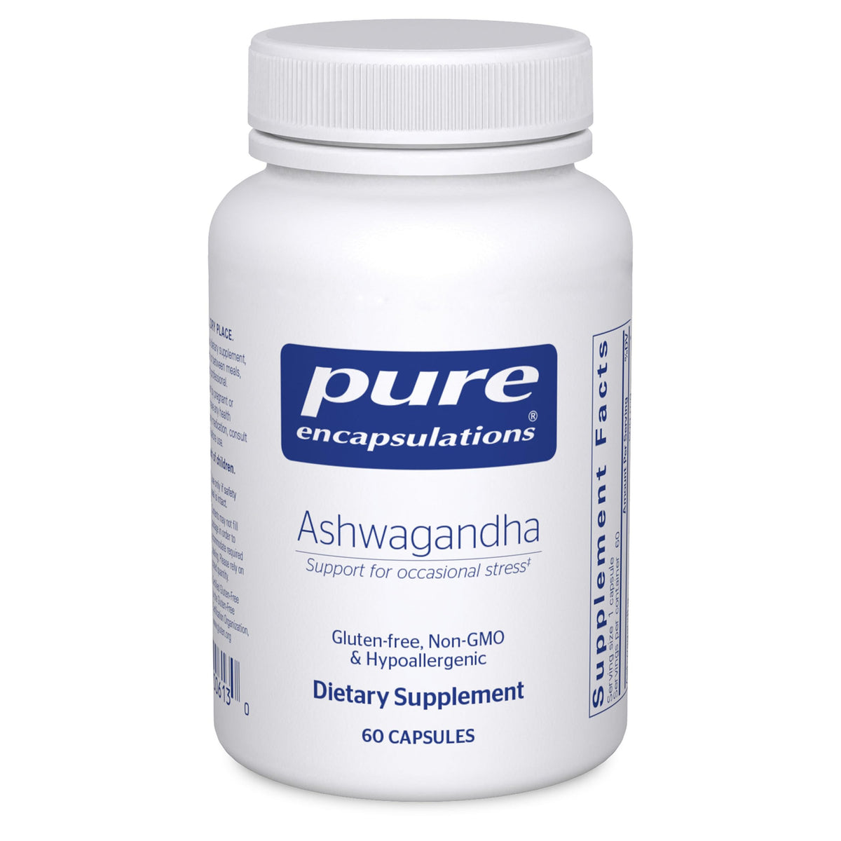 Pure Encapsulations Ashwagandha: cápsula de 500 mg para apoyo metabólico diario.
