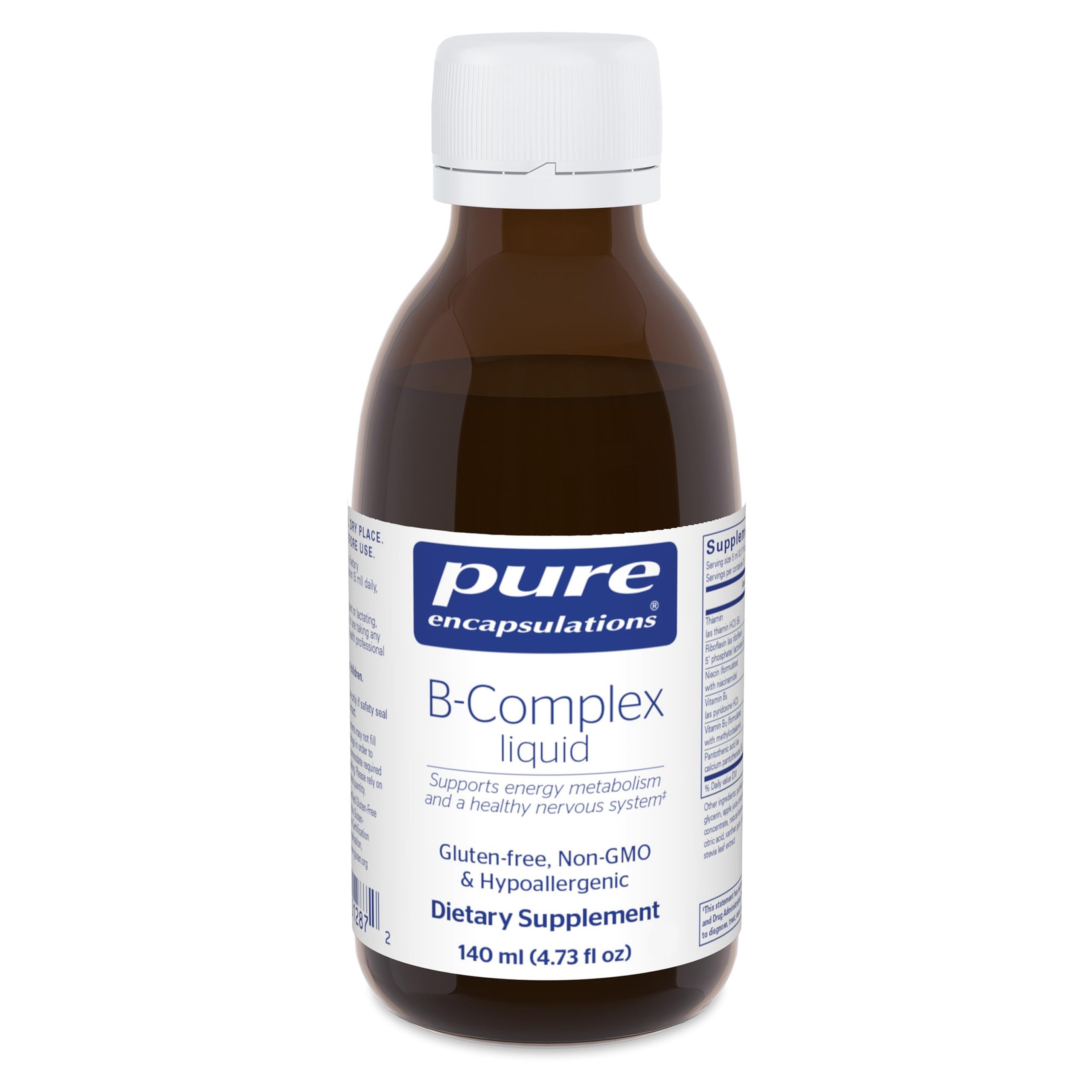 Pure Encapsulations B-Complex Liquid, botella inclinada, facilita la toma de 5 ml para energía diaria.