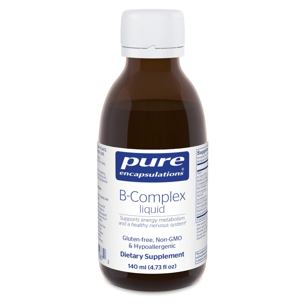 Pure Encapsulations B-Complex Liquid, botella inclinada, facilita la toma de 5 ml para energía diaria.