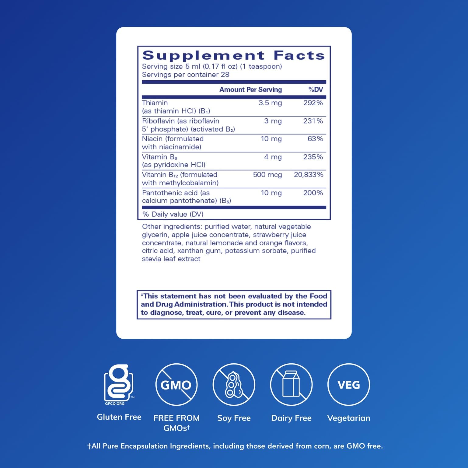 Pure Encapsulations B-Complex Liquid, etiqueta clara, fácil identificación para uso vegetariano.