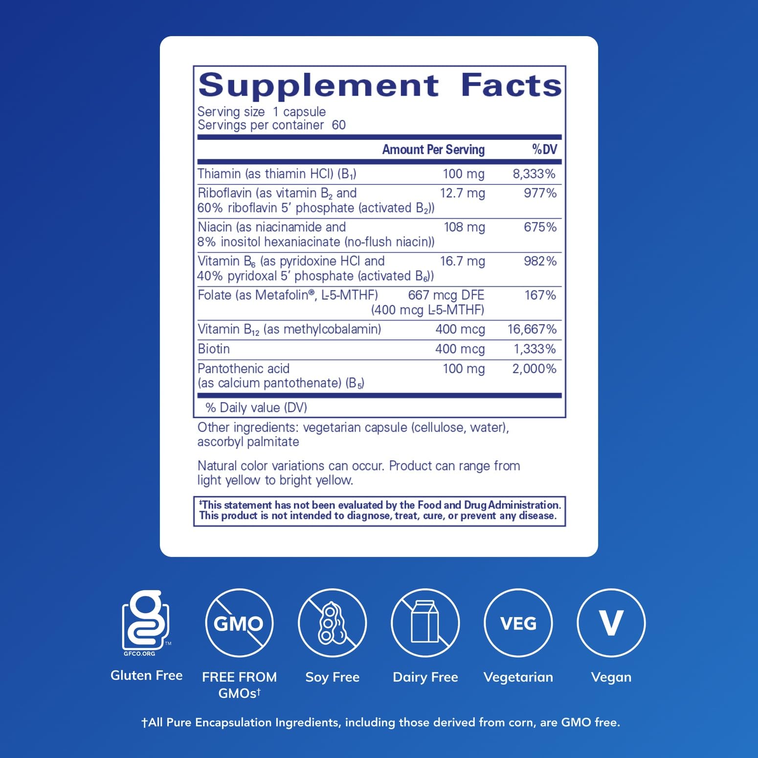 Pure Encapsulations B-Complex Plus: etiqueta frontal que resalta vitaminas B y su pureza