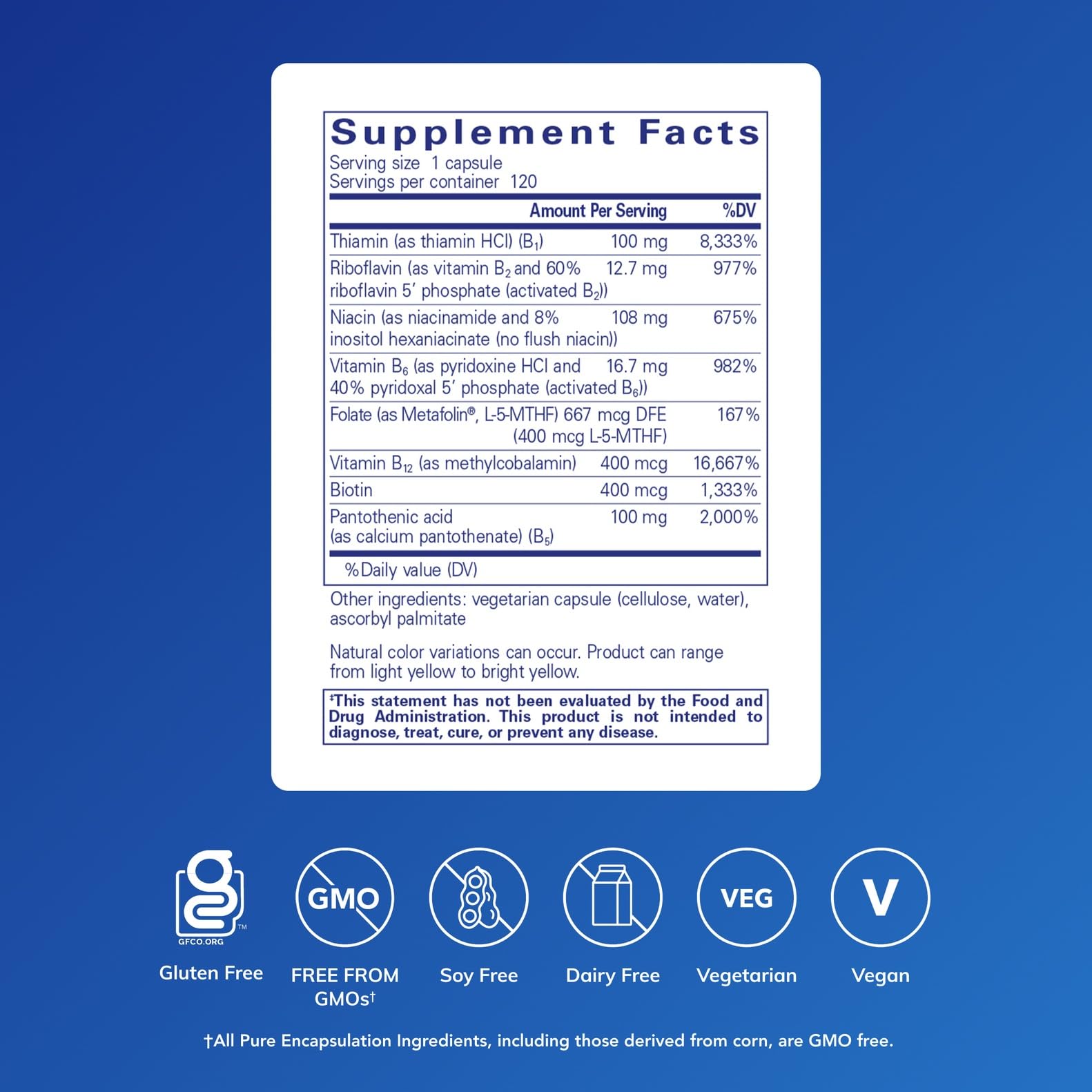 Pure Encapsulations B-Complex Plus, frasco trasero, etiqueta clara y transparente.
