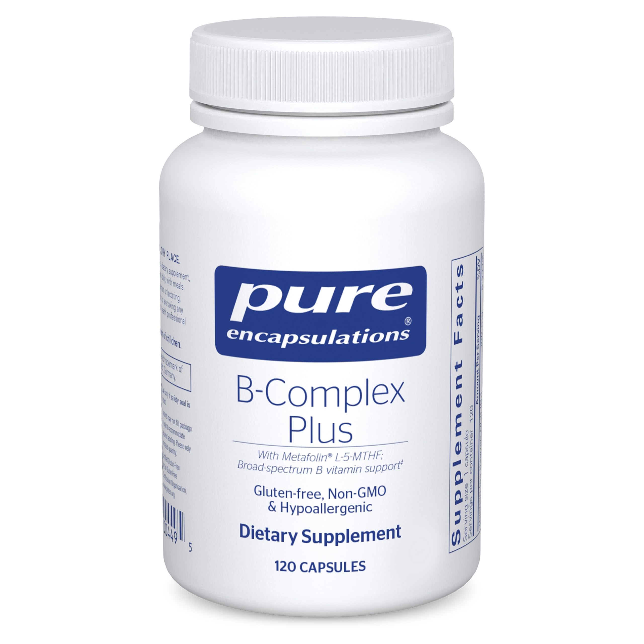 Pure Encapsulations B-Complex Plus, frasco frontal, soporte para energía y salud nerviosa.
