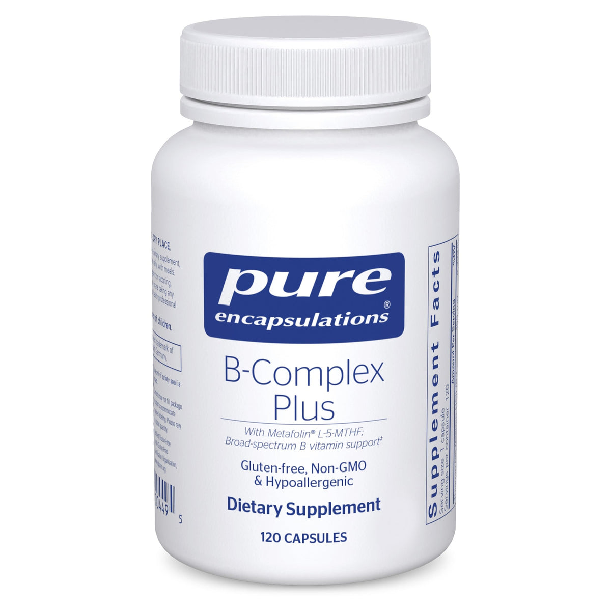 Pure Encapsulations B-Complex Plus, frasco frontal, soporte para energía y salud nerviosa.
