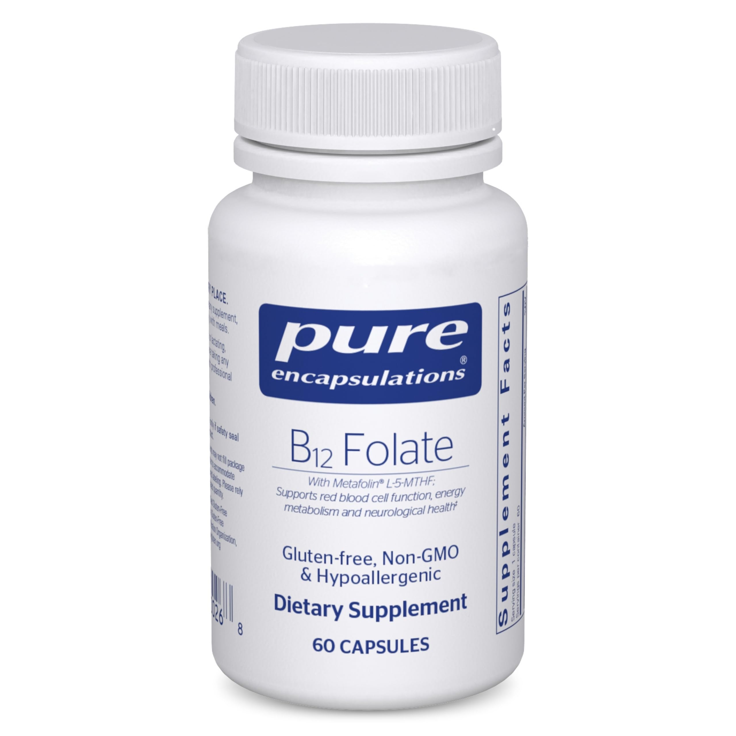 Pure Encapsulations B12 Folate, botella frontal, apoyo a la energía diaria.