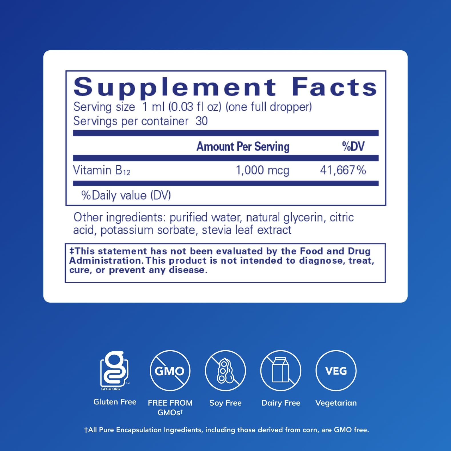 Gotero de Pure Encapsulations B12 líquido para dosis precisa diaria.