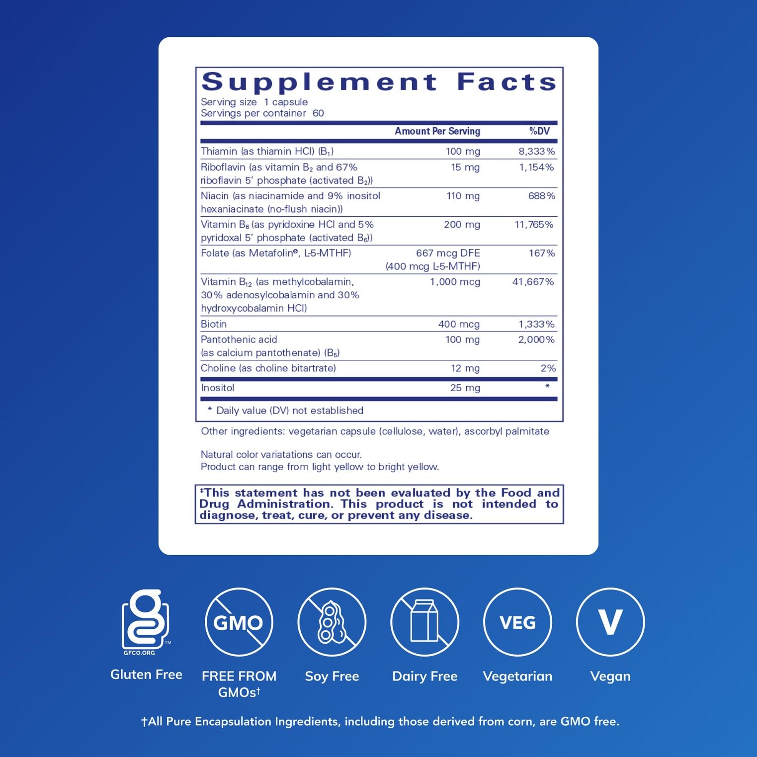 Cápsulas de Pure Encapsulations B6 Complex para ingesta diaria y salud nerviosa.