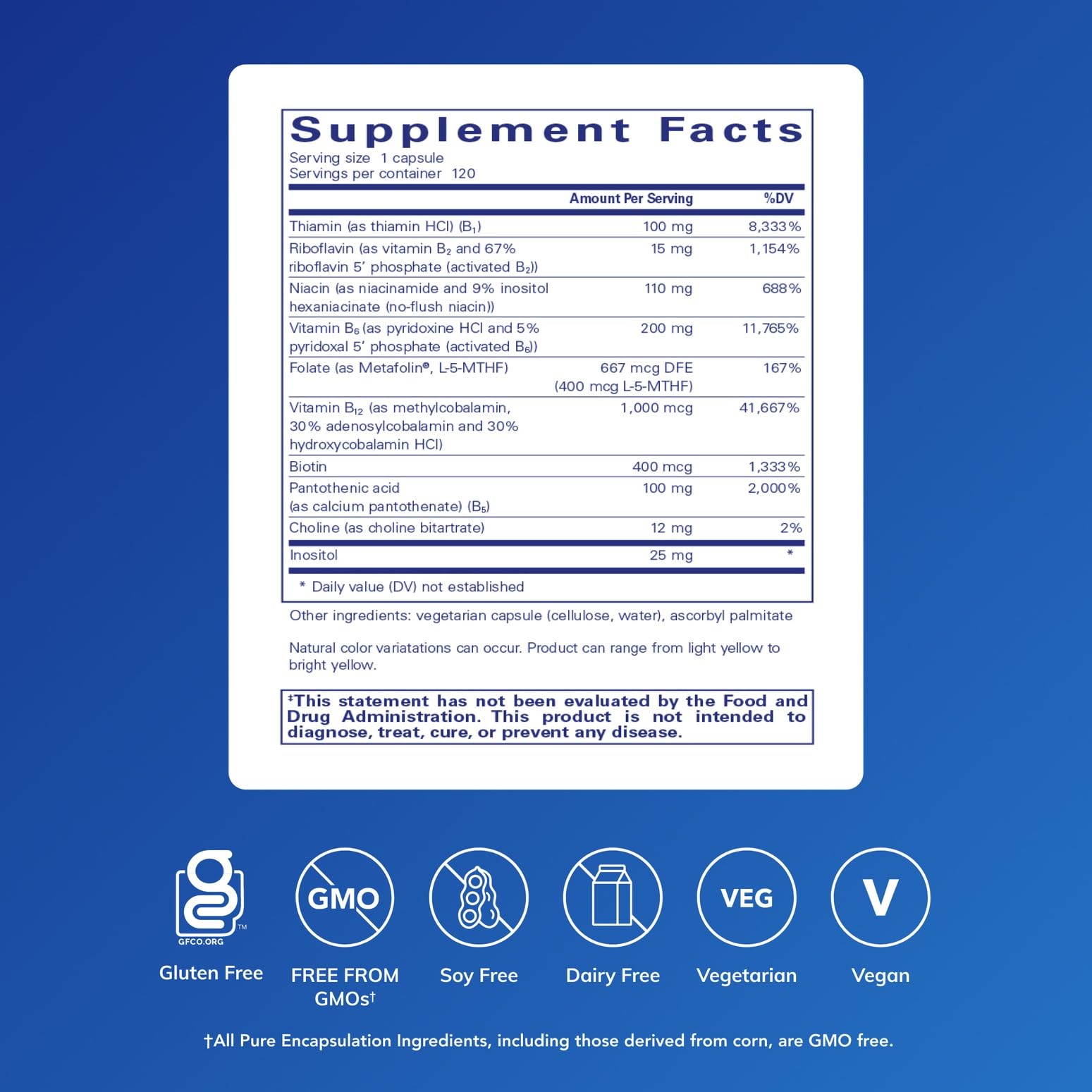 Etiqueta frontal de Pure Encapsulations B6 Complex para vitaminas B y salud cerebral.
